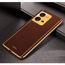 Vaku ® Vivo V25 Luxemberg Series Leather Stitched Gold Electroplated Soft TPU Back Cover