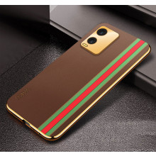 Vaku ® Vivo T1X Felix Line Leather Stitched Gold Electroplated Soft TPU Back Cover Case