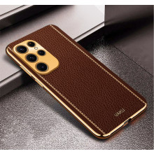Vaku ® Samsung Galaxy S22 Ultra Luxemberg Series Leather Stitched Gold Electroplated Soft TPU Back Cover