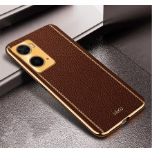 Vaku ® Oppo A96 Luxemberg Series Leather Stitched Gold Electroplated Soft TPU Back Cover