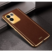 Vaku ® Vivo T2 Pro 5G Luxemberg Leather Pattern Gold Electroplated Soft TPU Back Cover
