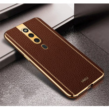 Vaku ® Oppo F11 Pro Luxemberg Series Leather Stitched Gold Electroplated Soft TPU Back Cover