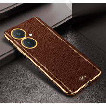 Vaku ® Vivo Y27 Luxemberg Series Leather Stitched Gold Electroplated Soft TPU Back Cover