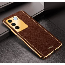Vaku ® Vivo V27 5G Luxemberg Leather Pattern Gold Electroplated Soft TPU Back Cover