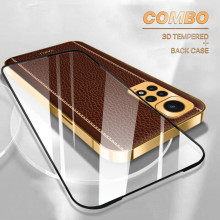 Vaku ® 2In1 Combo Redmi Note 11 Luxemberg Leather Stitched Gold Electroplated Case with 9H Shatterproof Tempered Glass