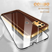 Vaku ® 2In1 Combo Samsung Galaxy M31 Luxemberg Leather Stitched Gold Electroplated Case with 9H Shatterproof Tempered Glass