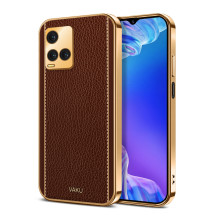 Vaku ® Vivo Y33T Luxemberg Series Leather Stitched Gold Electroplated Soft TPU Back Cover