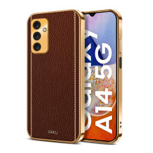 Vaku ® Samsung Galaxy A14 Luxemberg Series Leather Stitched Gold Electroplated Soft TPU Back Cover