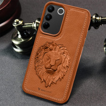 Vaku ® Vivo V27 5G Lion Embossed Luxury Designer Leather Protective Back Cover Case