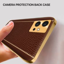 Vaku ® 2In1 Combo Vivo T1 5G Luxemberg Leather Stitched Gold Electroplated Case with 9H Shatterproof Tempered Glass