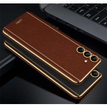Vaku ® Samsung Galaxy M13 Luxemberg Series Leather Stitched Gold Electroplated Soft TPU Back Cover