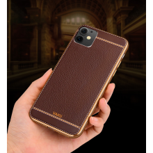 Vaku ® For Apple iPhone 11 Leather Stitched Gold Electroplated Soft TPU Back Cover