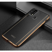 Vaku ® Samsung Galaxy F41 Vertical Leather Stitched Gold Electroplated Soft TPU Back Cover