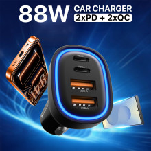 DR VAKU ® NOARVOLT 88W Car Charger Fast Charging 4-Port Dual 2X 35W Type C PD PPS + 2X 18w QC 3.0 USB For iPhone 17/16/15/14/13 etc, Samsung All Series, Tablets, & Android Smartphones