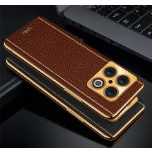 Vaku ® OnePlus 10 Pro Luxemberg Series Leather Stitched Gold Electroplated Soft TPU Back Cover