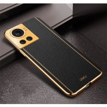Vaku ® OnePlus 10R Luxemberg Series Leather Stitched Gold Electroplated Soft TPU Back Cover