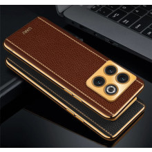 Vaku ® OnePlus 10T Luxemberg Series Leather Stitched Gold Electroplated Soft TPU Back Cover