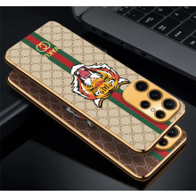 Vaku ® Samsung Galaxy S23 Ultra Lynx Leather Stitched Gold Electroplated Soft TPU Back Cover Case