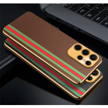 Vaku ® Samsung Galaxy S22 Ultra Felix Line Leather Stitched Gold Electroplated Soft TPU Back Cover