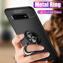 Vaku ® Samsung Galaxy S10 Plus Ring Holder Auto Focus Leather Stitched Soft Silicone 4 Frames plus ultra-thin case transparent cover