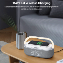 Vaku Luxos ® 3-in-1 Synostation Bluetooth Speaker 15W Wireless Charger for iPhone | 360° Surround Sound, FM Radio, Alarm, RGB Light