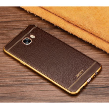 Vaku ® Samsung Galaxy C7 Pro Leather Stitched Gold Electroplated Soft TPU Back Cover