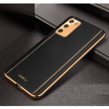 Vaku ® Samsung Galaxy F02s Vertical Leather Stitched Gold Electroplated Soft TPU Back Cover
