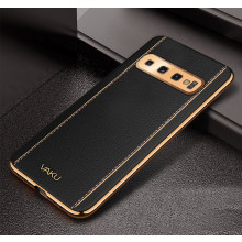 Vaku ® Samsung Galaxy S10 Vertical Leather Stitched Gold Electroplated Soft TPU Back Cover