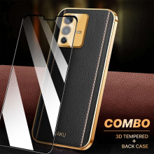 Vaku ® 2In1 Combo Vivo V23 5G Luxemberg Leather Stitched Gold Electroplated Case with 9H Shatterproof Tempered Glass