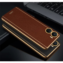 Vaku ® Vivo Y16 Luxemberg Series Leather Stitched Gold Electroplated Soft TPU Back Cover