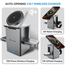 Vaku Luxos ® Autopod 3in1 Wireless Charger Qi2 Certified 23W MagSafe Touch To Unfold Charging Stand For iPhone 16/16 Plus/16 Pro/16 Pro Max,15/14/13/12 Series, AirPods 2/3/Pro Series 9/4/SE