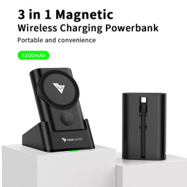 Vaku ® 3-in-1 Portable 5200mAh Magsafe Power Bank Wireless Charger with Built-in Type C Cable For 14 / 14 Plus / 14 Pro / 14 Pro Max / Airpods / Apple Watch