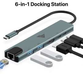 Vaku Luxos ® HEXTECH 6-in-1 USB C HUB Multiport Adapter with 4K HDMI 2 x USB 3.0/2.0 Ports Type-C 100W PD Charging Data Transfer Speed Upto 5GBPS Ethernet