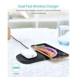 CHOETECH Dual Wireless Charger, 5 Coils Double Qi Fast Wireless Charging Pad Compatible with iPhone X/XS/XS Max/XR/8/8 Plus, Samsung Galaxy S10/S10+/S9/S9 Plus/S8/S8 Plus, Note 9/Note 10 (QC 3.0 Adapter Included)