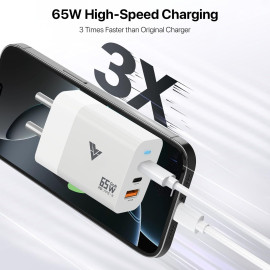 DR VAKU® 65W Charger Type C Fast Adapter with Multi Port Dual PD Charging GaN Technology for MacBook Laptop, iPhone 16/16 Plus/16 Pro/16 Pro Max, 15/14/13/12 Series, Samsung and Android Devices