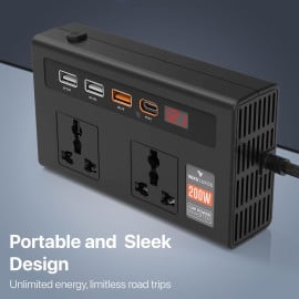 DR VAKU® VoltDrive Pro 7in1 200 Watt Car Laptop Charger Fast Charging/Car Power Inverter Portable,12V DC to 220V AC Socket Converter (2X 3Pin Plug, 3X USB, 1x 30W PD) for Laptop, Mobile & Others