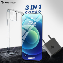Vaku ® 3 in 1 Combo Apple iPhone 13 mini Glassy Back Cover , 9H Tempered Glass , 20W Usb Type C Charger Adapter Power Protection Pack