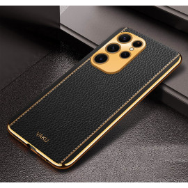 Vaku ® Samsung Galaxy S23 Ultra Luxemberg Series Leather Stitched Gold Electroplated Soft TPU Back Cover