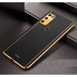 Vaku ® Samsung Galaxy M30S Luxemberg Series Leather Stitched Gold Electroplated Soft TPU Back Cover