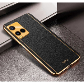 Vaku ® Vivo Y21G  Luxemberg Series Leather Stitched Gold Electroplated Soft TPU Back Cover
