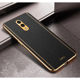 Vaku ® OnePlus 7 Luxemberg Leather Stitched Gold Electroplated Soft TPU Back Cover