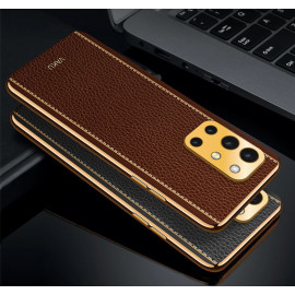 Vaku ® OnePlus 9R Luxemberg Series Leather Stitched Gold Electroplated Soft TPU Back Cover