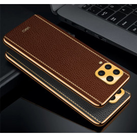 Vaku ® Samsung Galaxy M32 Luxemberg Series Leather Stitched Gold Electroplated Soft TPU Back Cover