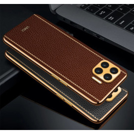 Vaku ® Oppo F17 Luxemberg Series Leather Stitched Gold Electroplated Soft TPU Back Cover