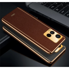 Vaku ® Vivo Y21a Luxemberg Series Leather Stitched Gold Electroplated Soft TPU Back Cover