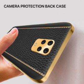 Vaku ® 2In1 Combo Xiaomi Redmi Note 9 Pro Luxemberg Leather Stitched Gold Electroplated Case with 9H Shatterproof Tempered Glass