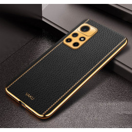 Vaku ® Redmi Note 11T 5G Luxemberg Series Leather Stitched Gold Electroplated Soft TPU Back Cover
