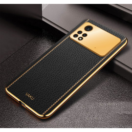Vaku ® Xiaomi Poco M4 Pro Luxemberg Series Leather Stitched Gold Electroplated Soft TPU Back Cover