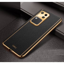 Vaku ® Vivo V30 5G Luxemberg Leather Pattern Gold Electroplated Soft TPU Back Cover
