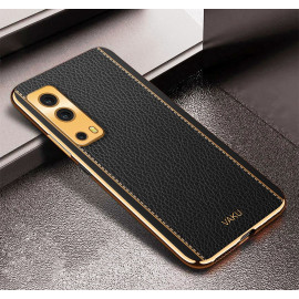 Vaku ® Vivo iQoo Z3 5G Luxemberg Series Leather Stitched Gold Electroplated Soft TPU Back Cover